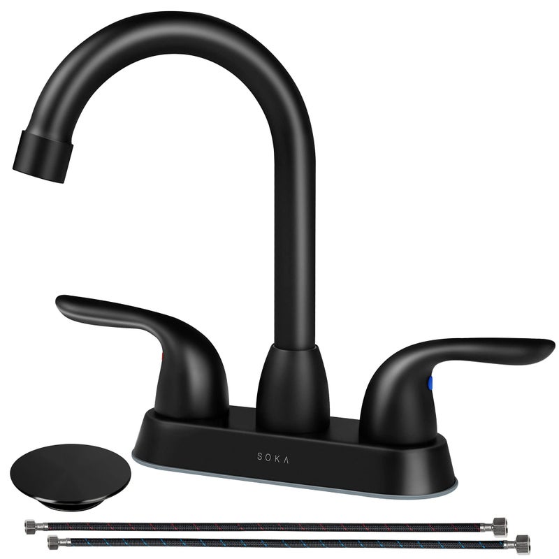 SOKA 2 Handle Bathroom Faucet Black, 4 Inch Black Bathroom Sink Faucet Centerset with Lift Rod Drain Stopper and Supply Hoses, RV Bathroom Faucet 3 Holes, Matte Black Bathroom Faucet - Image 1